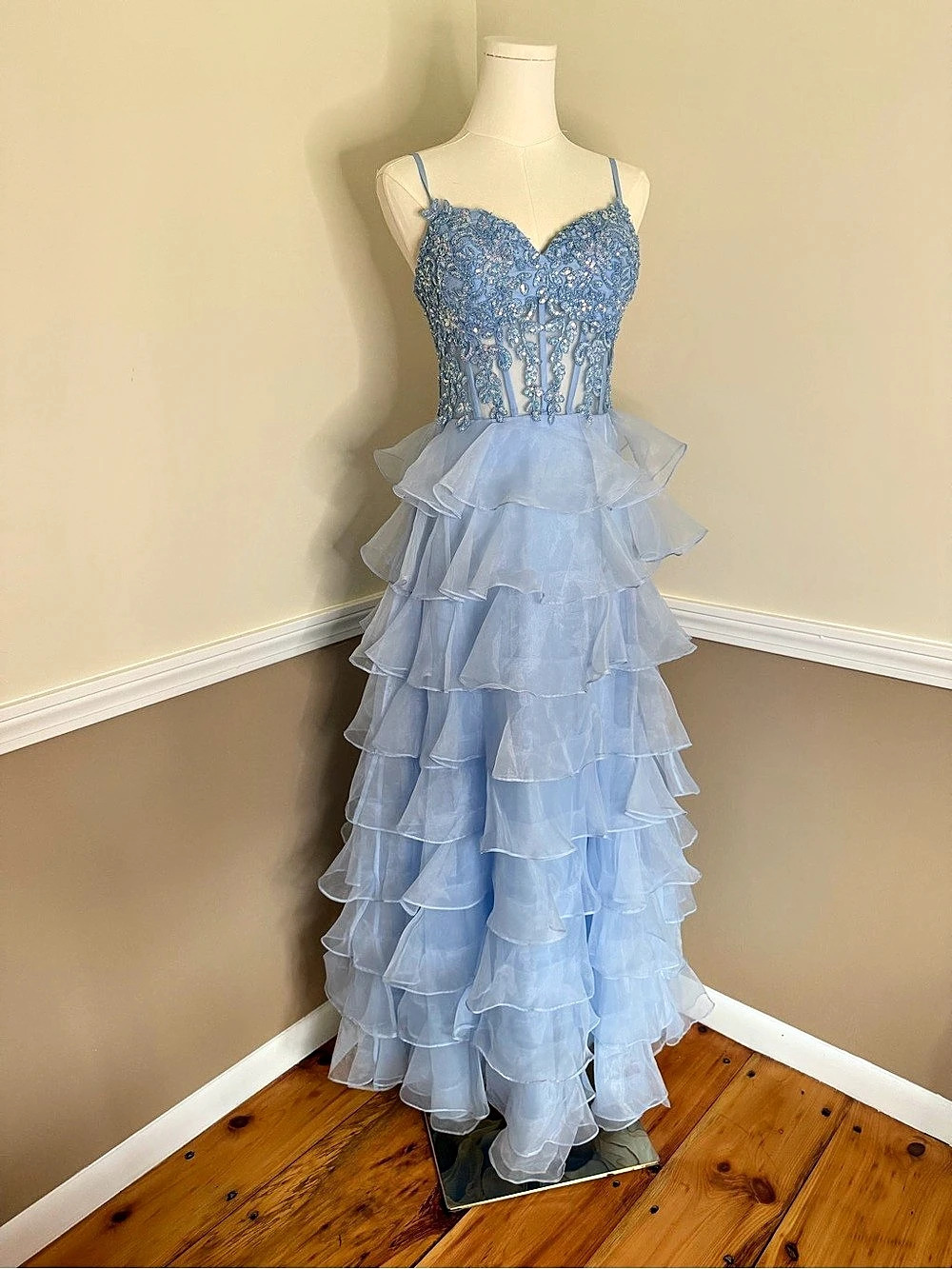 Blue Beaded Ruffle Prom Gown Like New Jules &
Cleo size 4